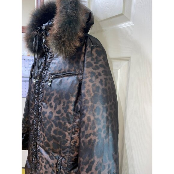 Marcona Vintage Womens Leopard Print Puffer Coat With Faux Fur Trim Hood Size M - Picture 9 of 12